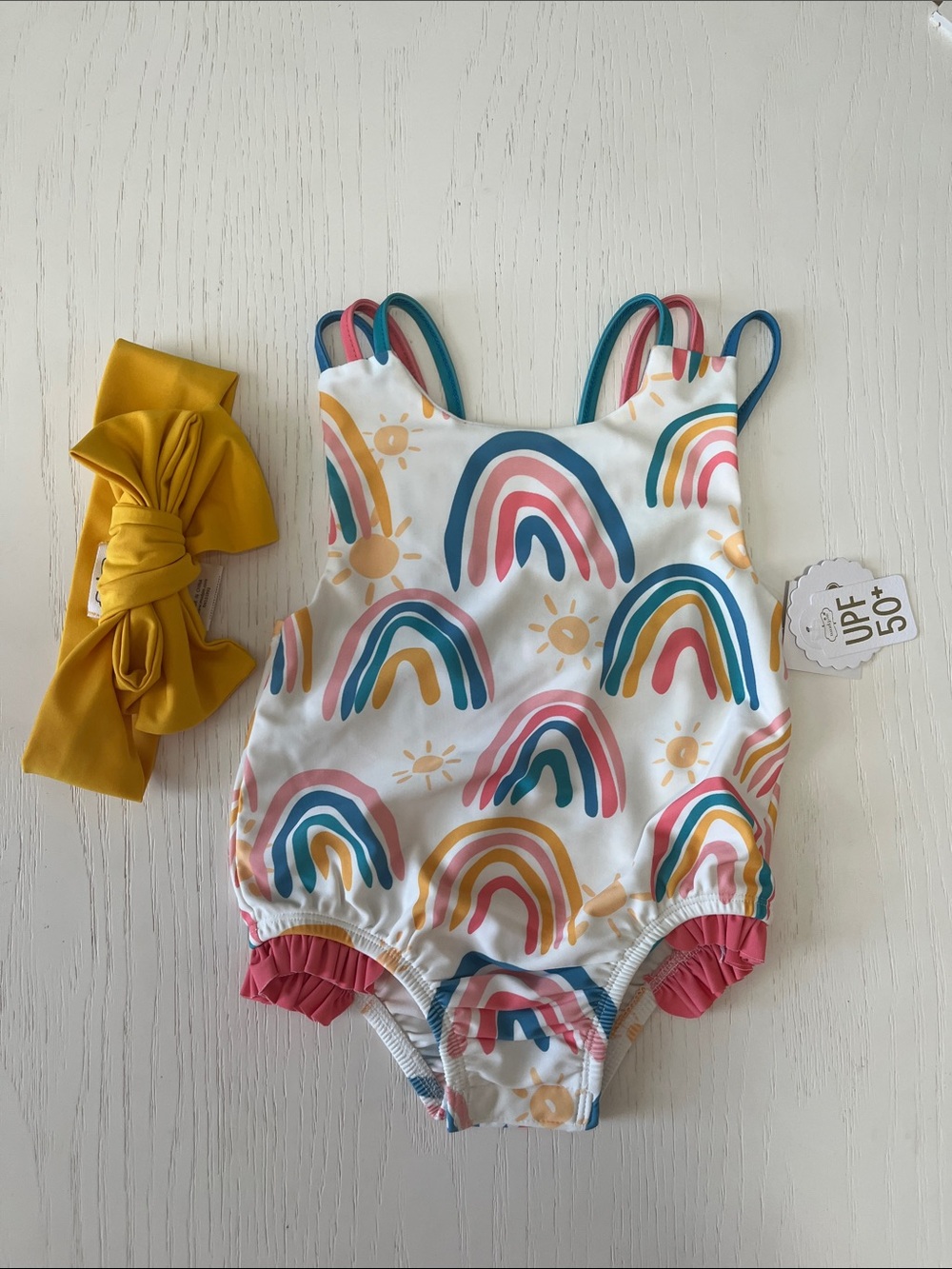 Baby Rainbow One-Piece Swimsuit with Yellow Bow